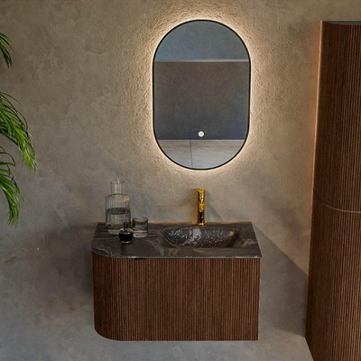 MONDIAZ KURVE-DLUX 75cm badmeubel met module 25 L kleur Walnut met 1 lade en 1 deur. Wastafel GRUNNE rechts 1 kraangat kleur Lava.