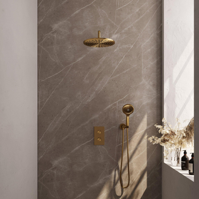 Brauer Gold Edition Colonne de douche thermostatique inverseur 2 voies avec partie encastrable douche de tête 30cm bras mural courbé et douchette ronde laiton Or brossé