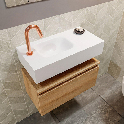 MONDIAZ ANDOR Toiletmeubel - 60x30x30cm - 1 kraangat - 1 lades - washed oak mat - wasbak links - Solid surface - Wit