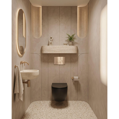 QeramiQ Dely Swirl Toiletset - 36.3x51.7cm - Geberit UP720 Duofix Sigma inbouwreservoir - slim zitting - bedieningsplaat geborsteld messing - ronde knoppen - mat zwart