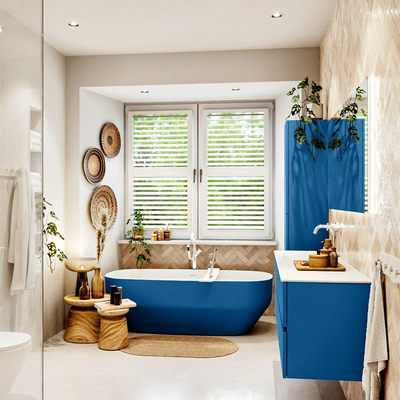 Mondiaz VICA ensemble de meuble de salle de bain - 150cm - meuble sous-vasque jeans - 2 tiroirs - lavabo cloud gauche - 1 trou de robinet - couleur talc - miroir LED - version XL 60cm de haut