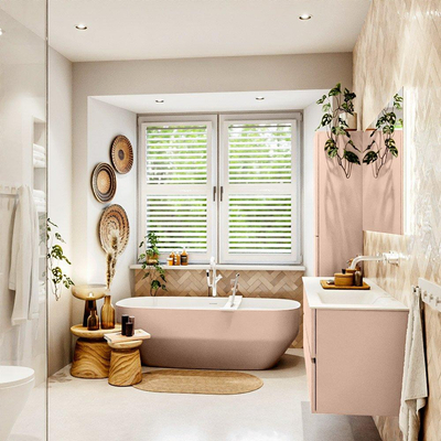 MONDIAZ VICA Ensemble meuble de salle de bains - 140cm - meuble bas rosee - 4 tiroirs - lavabo cloud à droite - sans trous de robinet - version haute 60cm - talc