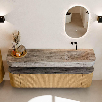 MONDIAZ THOR-DLUX 180cm badmeubel ronding links + rechts kleur Oak met 2 lades en 2 deuren. Vrijhangende wastafel CLOUD Rechts zonder kraangat kleur Oza.