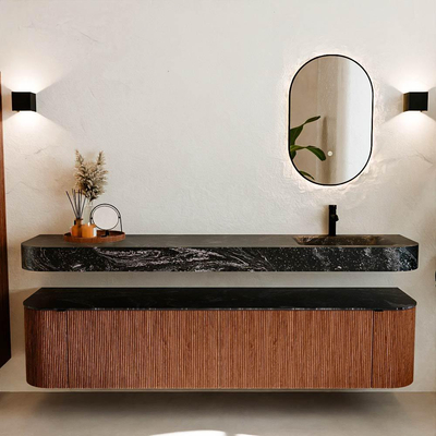 MONDIAZ THOR-DLUX Meuble de salle de bains - 200cm - arrondi gauche + droite - couleur Ruby - 2 tiroirs - 2 portes - Vasque suspendue CLOUD droite 1 trou de robinet - couleur Lava