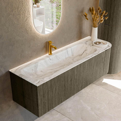 Mondiaz KURVE-DLUX Badkamermeubelset - 145x46x40cm - 1 lade - 1 deur - wastafel solid surface - links - 1 kraangat - Shadow