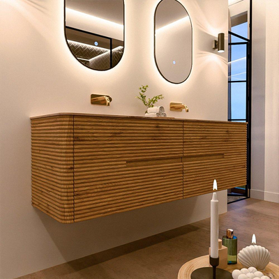 Mondiaz CIRO-DLUX Badkamermeubelset - 160x45x50cm - Solid surface wastafel Arena - 2 wasbak Dubbel - zonder kraangaten - 4 lades - Oak