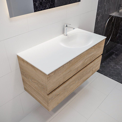 Mondiaz VICA ensemble de meuble de salle de bain - 100cm - meuble sous-vasque chêne blanchi - 2 tiroirs - lavabo lune droite - 1 trou de robinet XL version 60cm de haut