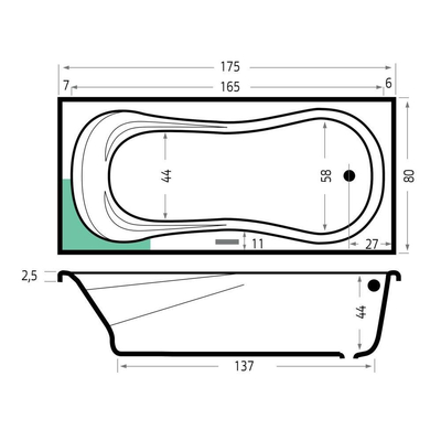 Xenz Curaçao Douchebad - 175x80x47 - afvoer uiteinde - acryl - wit