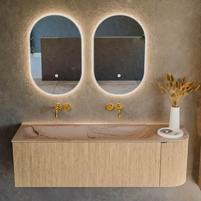 MONDIAZ KURVE-DLUX Meuble de salle de bains 145cm arrondi à droite couleur Chêne avec 1 tiroir et 1 porte. Lavabo BIG LARGE à gauche sans trou de robinet Arena.