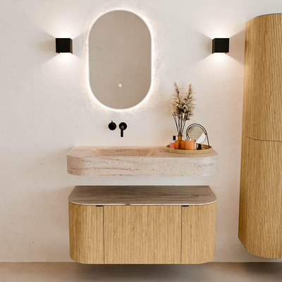 MONDIAZ THOR-DLUX 100cm badmeubel ronding links + rechts kleur Oak met 1 lade en 2 deuren. Vrijhangende wastafel CLOUD Links zonder kraangat kleur Saba.