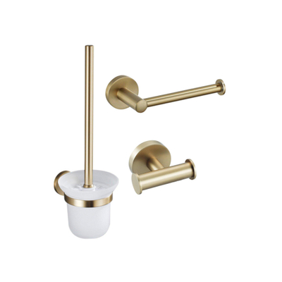 Fortifura Calvi Toiletset 3-delig - toiletrolhouder - zonder klep - toiletborstel - handdoekhaak dubbel rond - PVD - geborsteld messing (goud)