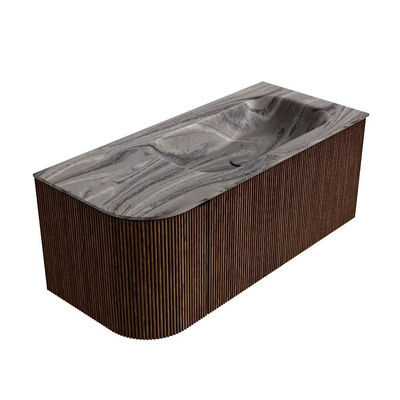 MONDIAZ KURVE-DLUX 105cm badmeubel ronding Links kleur Walnut met 1 lade en 1 deur. Wastafel BIG SMALL Rechts zonder kraangat Sombra.