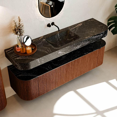 MONDIAZ THOR-DLUX 170cm meuble de salle de bains arrondi gauche + droite couleur Ruby avec 1 tiroir et 2 portes. Vasque suspendue CLOUD Milieu sans trou de robinet couleur Lava.