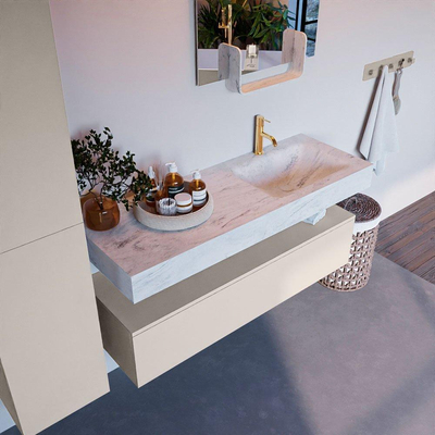 Mondiaz ALAN-DLUX Ensemble de meuble - 130cm - meuble Linen mat - 1 tiroir - Lavabo Cloud Opalo suspendu - vasque Droite - 1 trou de robinet