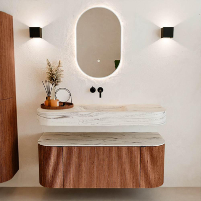MONDIAZ THOR-DLUX 120cm badmeubel ronding links + rechts kleur Ruby met 1 lade en 2 deuren. Vrijhangende wastafel CLOUD Midden zonder kraangat kleur Nata.
