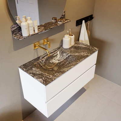 Mondiaz VICA-DLUX ensemble de meuble de salle de bain - 100cm - meuble sous lavabo talc - 2 tiroirs - lavabo encastré cloud gauche - sans trous de robinet - miroir modèle spot - version XL 60cm haut - lave