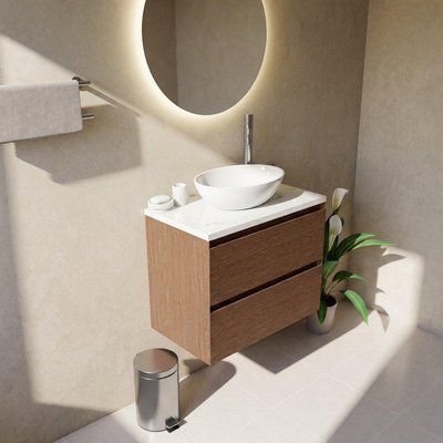 Saniclass Holz Pure Ensemble de meubles de salle de bains - 80x45x63cm - Plan vasque en marbre Dia poli (blanc) - 1 trou de robinet - 2 tiroirs - walnut pure mat (bois)