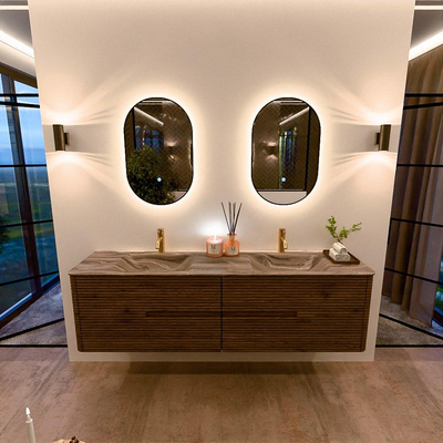 Mondiaz CIRO-DLUX Badkamermeubelset - 180x45x50cm - Solid surface wastafel Sombra - 2 wasbak Dubbel - 2 kraangaten - 4 lades - Dusk