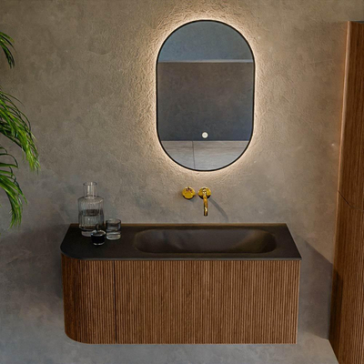 MONDIAZ KURVE 105cm Meuble salle de bain avec module 25 G - couleur Walnut - 1 tiroir - 1 porte - vasque BIG SMALL droite - sans trous de robinet - Urban