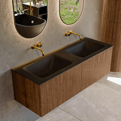 MONDIAZ KURVE 130cm Meuble salle de bain - couleur Walnut - 2 tiroirs - vasque CLOUD double - sans trous de robinet - Urban