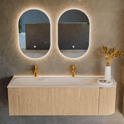 MONDIAZ KURVE-DLUX 145cm badmeubel ronding Rechts kleur Oak met 1 lade en 1 deur. Wastafel BIG LARGE Links 2 kraangaten Meli.