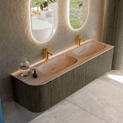 MONDIAZ KURVE-DLUX Meuble de salle de bains 165cm arrondi à gauche couleur Shadow avec 2 tiroirs et 1 porte. Lavabo STOR SMALL Double / Droite 2 trous de robinet Saba.