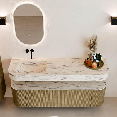 MONDIAZ THOR-DLUX 160cm meuble de salle de bains arrondi gauche + droite couleur Dusk avec 1 tiroir et 2 portes. Vasque suspendue CLOUD Gauche sans trou de robinet couleur Nata.