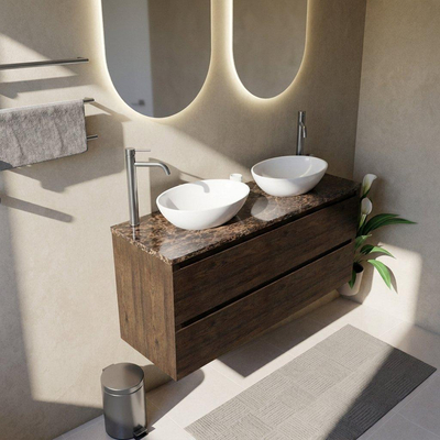 Saniclass Holz Pure Ensemble meuble de salle de bains - 140x45x63cm - Plan de travail en pierre naturelle Noche dark emperador - 2 trous de robinetterie - 4 tiroirs - chêne charcoal mat (bois)