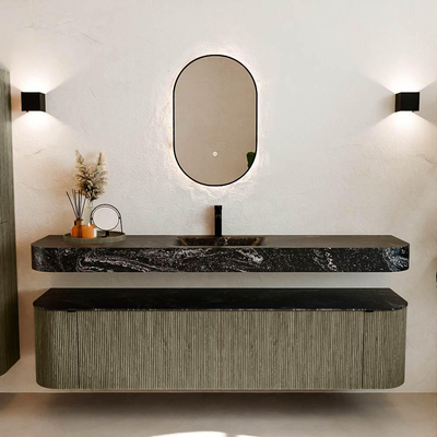 MONDIAZ THOR-DLUX Meuble de salle de bains 190cm arrondi gauche + droite couleur Shadow avec 2 tiroirs et 2 portes. Vasque suspendue CLOUD Milieu 1 trou de robinet couleur Lava.