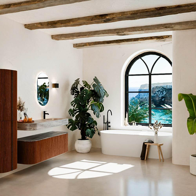 MONDIAZ THOR-DLUX 140cm meuble de salle de bains arrondi gauche + droite couleur Ruby avec 1 tiroir et 2 portes. Vasque suspendue CLOUD Droite 1 trou de robinet couleur Oza.