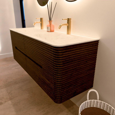 Mondiaz CIRO-DLUX Badkamermeubelset - 140x45x50cm - Solid surface wastafel Opalo - 2 wasbak Dubbel - 2 kraangaten - 4 lades - Walnut