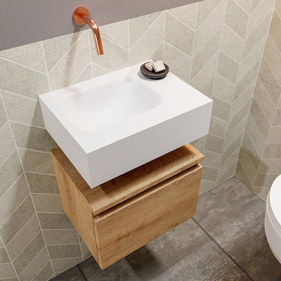 MONDIAZ ANDOR Toiletmeubel - 40x30x30cm - 0 kraangaten - 1 lades - washed oak mat - wasbak links - Solid surface - Wit