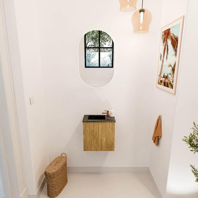Mondiaz JOYA-DLUX 40cm toiletmeubel - kleur Oak - Wastafel FAYE positie Links 1 kraangat kleur Lava.