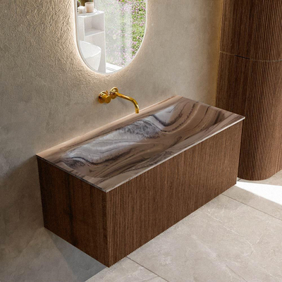 MONDIAZ KURVE-DLUX 100cm badmeubel kleur Walnut met 1 lade en 0 deuren. Wastafel BIG MEDIUM Midden zonder kraangat Sombra.