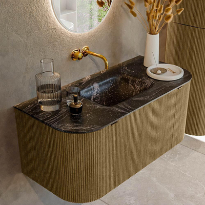 Mondiaz KURVE-DLUX Ensemble de meuble salle de bain - 100x46x40cm - 1 tiroir - 2 portes - lavabo en solid surface - milieu - sans trou de robinet - Dusk
