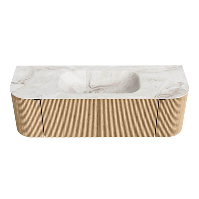 MONDIAZ KURVE-DLUX Meuble de salle de bains 140 cm avec module 25 Len R couleur Oak avec 1 tiroir et 2 portes. Lavabo BIG SMALL central sans trou de robinet couleur Frappe.