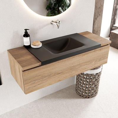 Mondiaz BUKLA Badkamermeubelset - 120x45x34cm - 0 kraangaten - wasbak midden - solid surface - Urban - greeploos - 1 lade - Melamine - Washed Oak