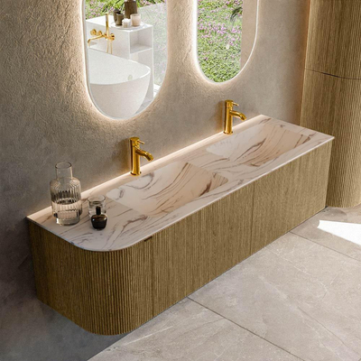 MONDIAZ KURVE-DLUX Meuble de salle de bains 155cm arrondi à gauche couleur Dusk avec 2 tiroirs et 1 porte. Lavabo LEAF Double / Droite 2 trous de robinet Nata.