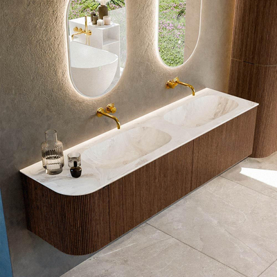 MONDIAZ KURVE-DLUX 175cm badmeubel met module 25 L kleur Walnut met 2 lades en 1 deur. Wastafel STOR SMALL dubbel / rechts zonder kraangat kleur Frappe.