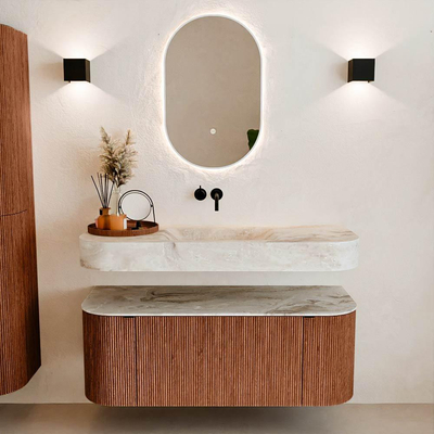 MONDIAZ THOR-DLUX 120cm badmeubel ronding links + rechts kleur Ruby met 1 lade en 2 deuren. Vrijhangende wastafel CLOUD Midden zonder kraangat kleur Frappe.