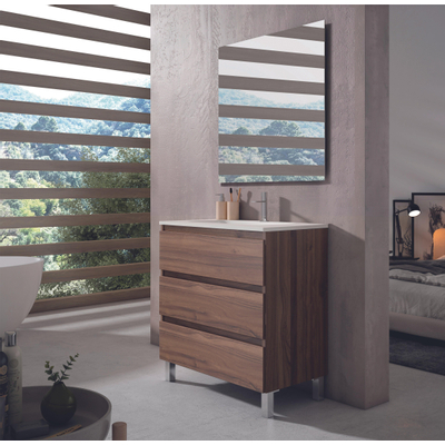 Adema Chaci PLUS Ensemble de meuble - 79.5x86x45.9cm - 1 vasque ovale en céramique Blanc - 1 trou de robinet - 3 tiroirs - miroir rectangulaire - Noyer (bois)