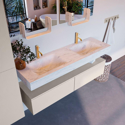 MONDIAZ ALAN - DLUX Ensemble meuble de salle de bains - 150cm - sous-meuble - Linen - 2 tiroirs - lavabo suspendu - 2 cuves - 2 trous de robinet - Opalo