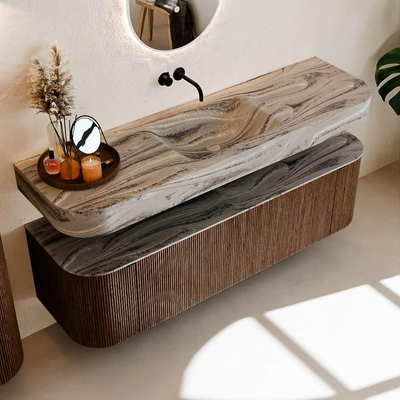MONDIAZ THOR-DLUX 160cm badmeubel ronding links + rechts kleur Walnut met 1 lade en 2 deuren. Vrijhangende wastafel CLOUD Midden zonder kraangat kleur Sombra.