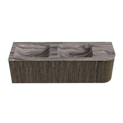 MONDIAZ KURVE-DLUX Meuble de salle de bains 145cm arrondi à droite couleur Shadow avec 1 tiroir et 1 porte. Lavabo LEAF Double / Gauche 2 trous de robinet Sombra.