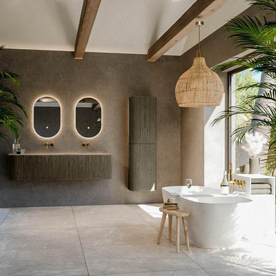 MONDIAZ KURVE-DLUX Meuble de salle de bains 165cm arrondi gauche couleur Shadow avec 2 tiroirs et 1 porte. Lavabo STOR SMALL Double / Droite sans trou de robinet Arena.