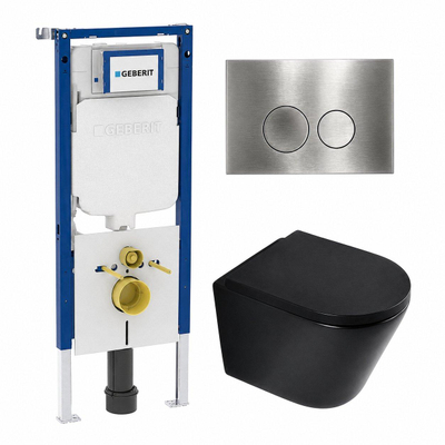 QeramiQ Dely Toiletset - 36.3x51.7cm - diepspoel - rimless - Geberit UP720 inbouwreservoir - softclose toilet zitting - 35mm - steel bedieningsplaat - ronde knoppen - mat zwart