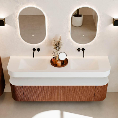 MONDIAZ THOR Meuble de salle de bains 180cm arrondi gauche + droite couleur Ruby avec 2 tiroirs et 2 portes. Vasque suspendue CLOUD Double sans trou de robinet couleur Talc.