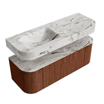 MONDIAZ THOR-DLUX 130cm meuble de salle de bains arrondi gauche + droite couleur Ruby avec 1 tiroir et 2 portes. Vasque suspendue CLOUD Gauche sans trou de robinet couleur Glace.