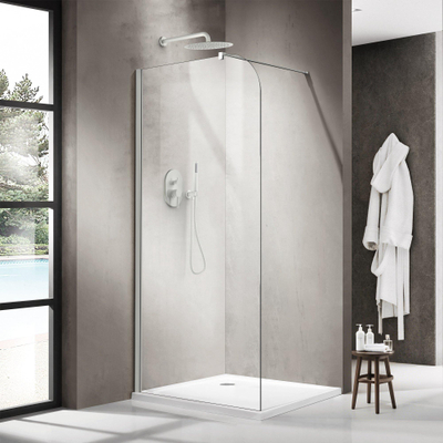 Fortifura Galeria Paroi de douche à l'italienne - 100x200cm - paroi en verre arrondie - verre transparent - barre de fixation murale - blanc mat