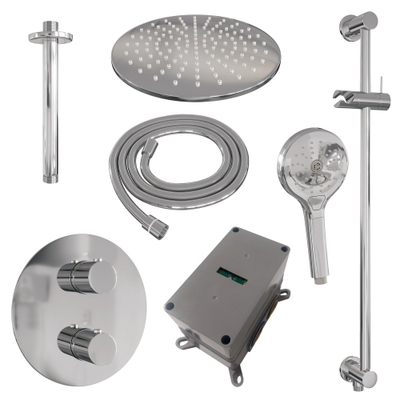 BRAUER Chrome Edition douche de pluie encastrée thermostatique - 3 voies - ronde - set 96 - pomme de douche 30cm - bras de plafond - douchette 3 jets - flexible de douche - barre de douche intégrée - chrome